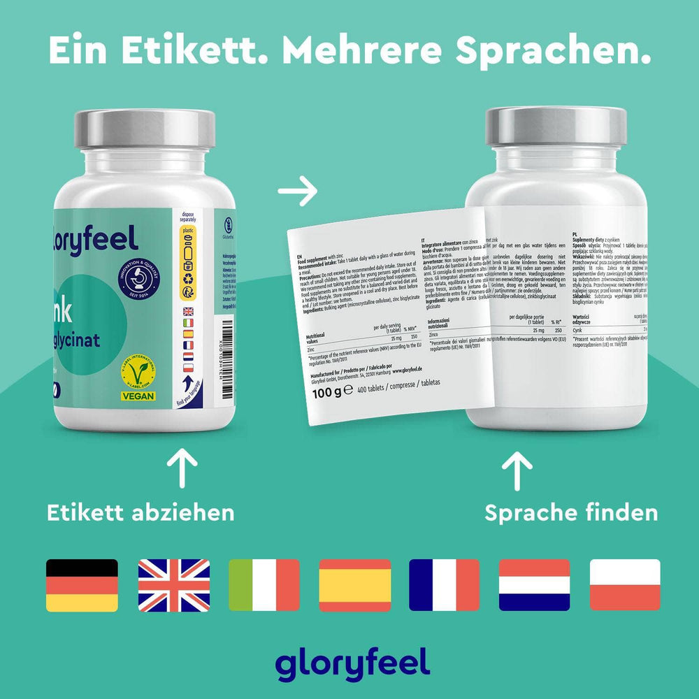 Zwei mehrsprachig beschriftete Flaschen mit Zinkbisglycinat-Tabletten der gloryfeel GmbH verfügen über Pfeile zum Abziehen der Übersetzungshinweise mit den Flaggen von Deutschland, Großbritannien, Frankreich, Spanien, Italien und den Niederlanden. Diese Nahrungsergänzungsmittel enthalten das in Nahrungsergänzungsmitteln übliche Zinkbisglycinat.