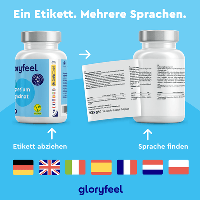 Zwei Magnesiumbisglycinat-Kapseln der gloryfeel GmbH werden mit mehrsprachigen Etiketten geliefert. Die Anleitung empfiehlt, das Etikett für Übersetzungen abzuziehen, und Flaggen von sieben Ländern zeigen die verfügbaren Sprachen an.