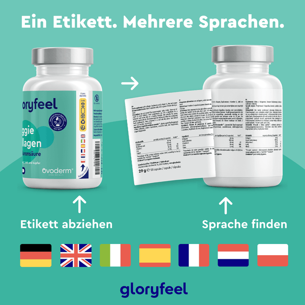 Zwei Flaschen Veggie-Kollagen-Kapseln der gloryfeel GmbH haben mehrsprachige Etiketten, von denen eines teilweise entfernt wurde, um weitere Sprachen anzuzeigen. Darunter befinden sich verschiedene Länderflaggen. Das Produkt enthält Meereskollagen und Typ-1-Kollagen zur Verbesserung Ihrer Wellness-Routine.