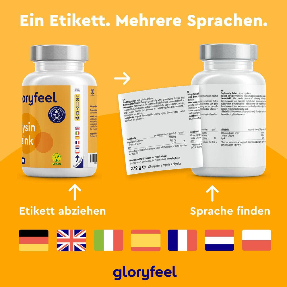 Zwei Flaschen „L-Lysin + Zink Kapseln“ der gloryfeel GmbH sind mehrsprachig beschriftet. Bei der linken Flasche ist das Frontetikett sichtbar, während auf der rechten Flasche die Sprachen mit Icons für Deutsch, Englisch, Französisch, Spanisch, Italienisch, Niederländisch und Polnisch angezeigt werden.