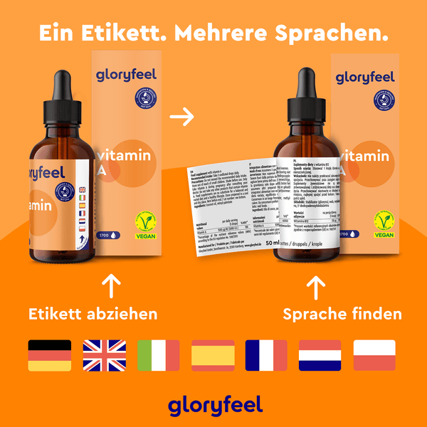 Zwei Flaschen Vitamin-A-Tropfen der gloryfeel GmbH sind mit mehrsprachigen Etiketten und Schachteln versehen, auf denen Beta-Carotin hervorgehoben ist. Die deutsche Gebrauchsanweisung lautet: „Ein Etikett. Mehrere Sprachen“, mit mehreren Länderflaggen am unteren Rand.