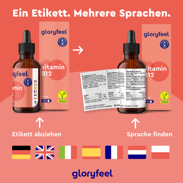 Die Vitamin B12 Tropfen der Gloryfeel GmbH zeichnen sich durch Premium-Qualität und Methylcobalamin aus, mit Etiketten in Englisch, Französisch und Spanisch auf rotem Hintergrund mit der Aufschrift „Ein Etikett. Mehrere Sprachen“.