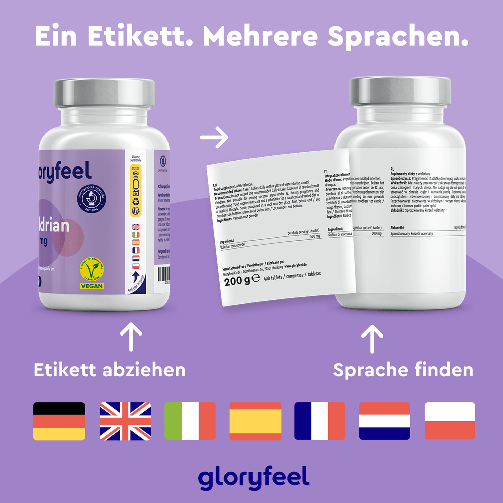 Zwei Flaschen Baldrian Tabletten der gloryfeel GmbH werden mit mehrsprachigen Etiketten präsentiert. Auf der Verpackung steht: „Ein Etikett. Mehrere Sprachen“, begleitet von verschiedenen Nationalflaggen.