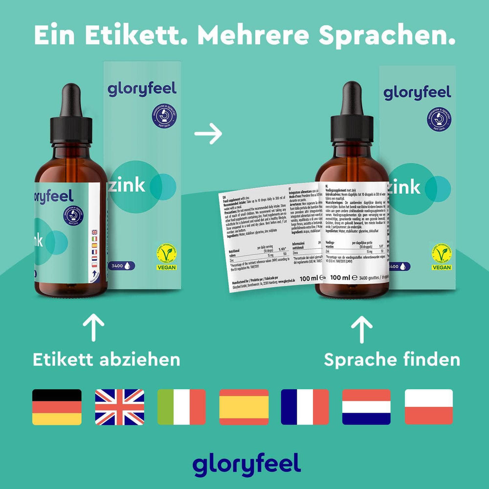 Zwei Bilder zeigen eine Flasche und eine Schachtel mit dem Nahrungsergänzungsmittel „gloryfeel GmbH Zink Tropfen“, das für seine hohe Bioverfügbarkeit bekannt ist. Die Anleitung empfiehlt, das Etikett zu entfernen, um mehrsprachige Informationen mit Flaggen aus sechs Ländern anzuzeigen.