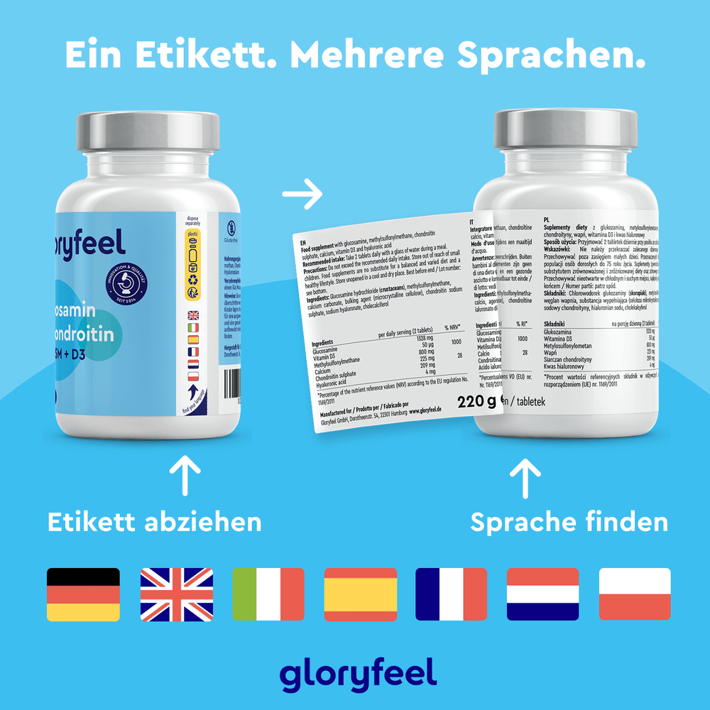 Zwei Flaschen mit Etiketten für Glucosamin + Chondroitin + MSM Tabletten der gloryfeel GmbH sind mehrsprachig, darunter Deutsch und Englisch. Symbole verschiedener Flaggen darunter weisen auf die globale Sprachverfügbarkeit hin.