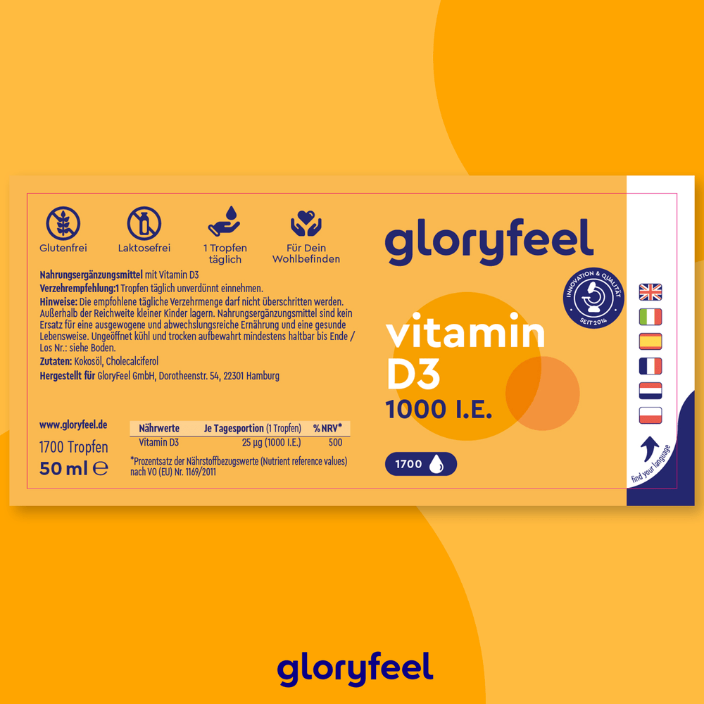 Etikettendesign für die Vitamin D3 Tropfen 1000 I.E. der gloryfeel GmbH mit Nährwertangaben, Dosierung und Nutzen in deutscher Sprache. Mit Zertifizierungen und einer Füllmenge von 50 ml (1700 Tropfen).