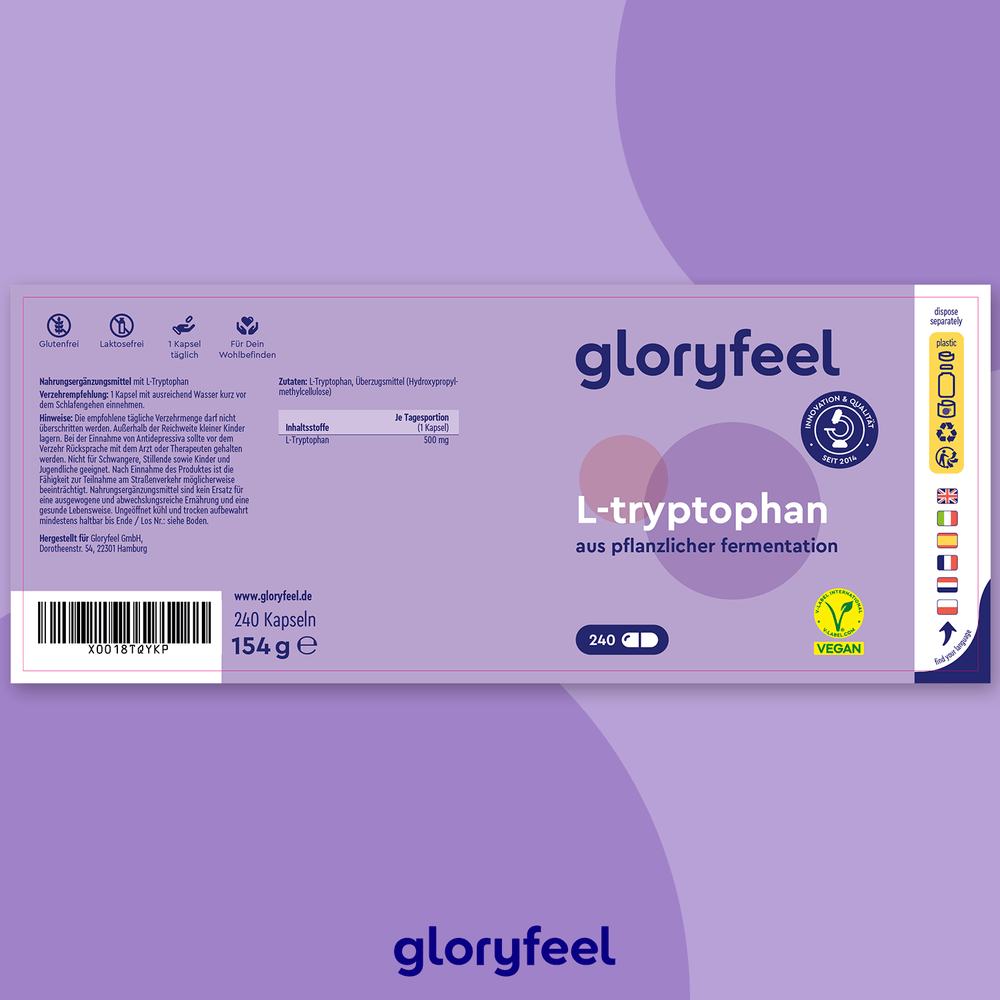 Das Etikett der L-Tryptophan Kapseln der gloryfeel GmbH zeigt 240 Kapseln, ein Vegan-Symbol und Details auf violettem Hintergrund.