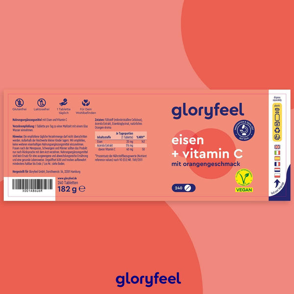 Etikett für Eisen + Vitamin C Tabletten der gloryfeel GmbH, ein Vitaminpräparat mit Orangengeschmack. Enthält 240 vegane Tabletten und wiegt insgesamt 182 g. Nährwertangaben und Logos sind sichtbar.