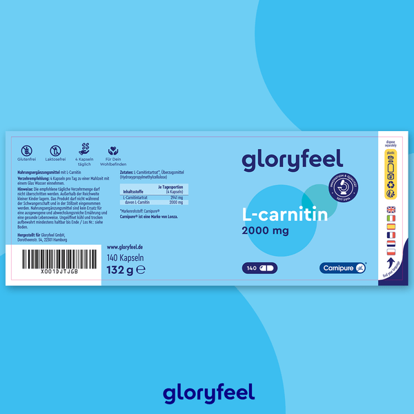 Die blau-weiße Verpackung der „gloryfeel GmbH L-Carnitin Kapseln“ unterstreicht die Premium-Qualität mit Text und Symbolen. Hergestellt mit Carnipure-Zutaten garantiert dieses Nahrungsergänzungsmittel hervorragende Qualität für Ihre Gesundheit.