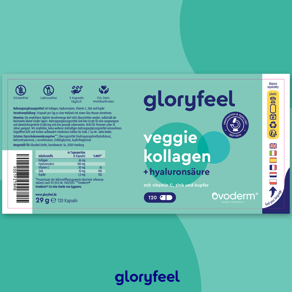 Die Verpackung der Veggie Kollagen Kapseln der gloryfeel GmbH hebt Hyaluronsäure, Vitamine, Zink und Kupfer hervor. Sie ist mit glutenfreien, laktosefreien und veganen Symbolen versehen und enthält 120 Kapseln hochwertiges Typ-1-Kollagen.