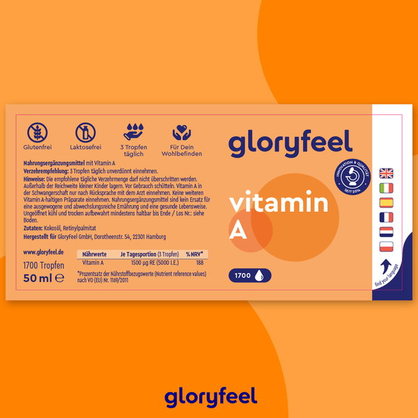 Etikett für Vitamin-A-Tropfen der gloryfeel GmbH mit Angaben zu Retinol, Beta-Carotin-Gehalt, Nährwertangaben und Symbolen für gluten- und laktosefreie Produkte. Mit Flaggen für mehrsprachige Unterstützung.