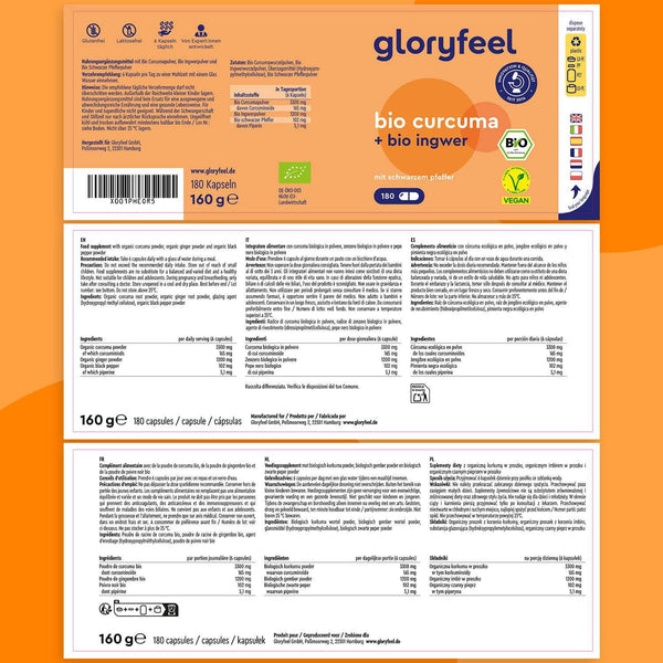Vorder- und Rückseitenetiketten der gloryfeel GmbH Bio Curcuma + Bio Ingwer Kapseln Flasche zeigen Produktinfos, Nährwerte, Zertifizierungen und Zutatenliste in mehreren Sprachen.