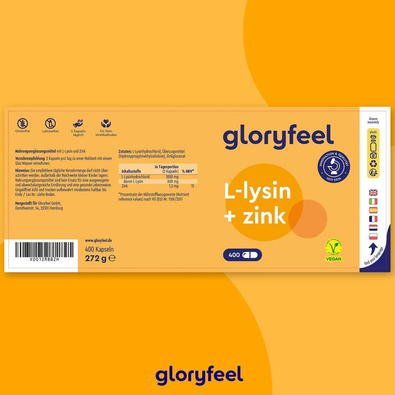 Das Produktetikett der gloryfeel GmbH L-Lysin + Zink Kapseln, 400 Stück, 272 g, ist gelb und zeigt Nährwertangaben sowie ein veganes Logo.