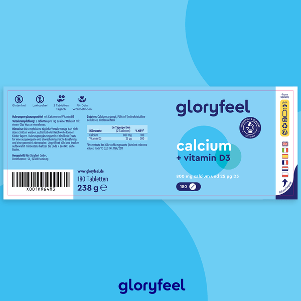 Verpackungsbild der Calcium + Vitamin D3 Tabletten der gloryfeel GmbH, 180 Stück, 238 g. Mit Nährwertangaben, QR-Code und Produktlogo auf blauem Hintergrund.