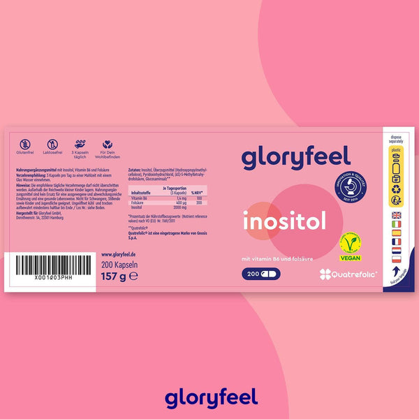 Rosafarbenes Ergänzungsetikett für „Inositol Kapseln“ der gloryfeel GmbH mit Vitamin B6 und Folsäure, vegan, enthält 200 Kapseln mit einem Gesamtgewicht von 157 g.