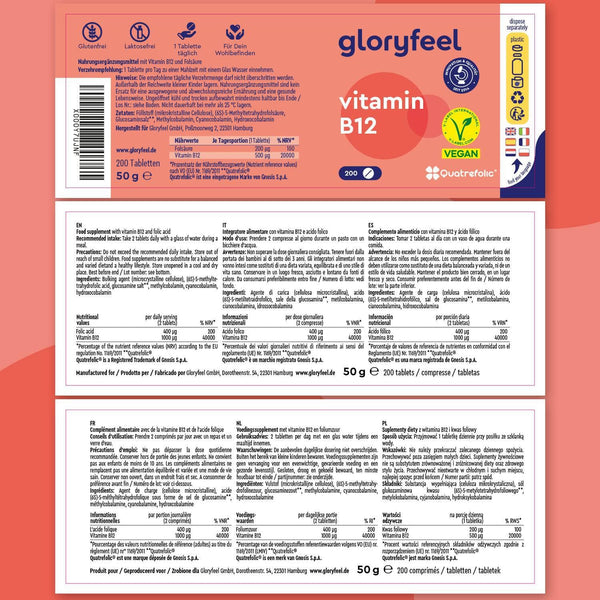 Produktetikett für Vitamin B12 Tabletten der gloryfeel GmbH, 200 Tabletten, mit Vegan-Zertifizierung, Zutatenliste, Dosierungsanleitung und mehrsprachigen Nährwertangaben.