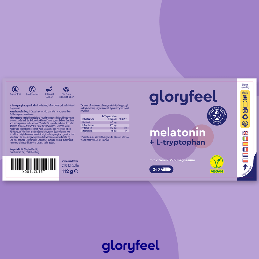 Melatonin + L-Tryptophan Kapseln von gloryfeel GmbH bietet 240 vegane, glutenfreie, laktosefreie, gentechnikfreie Kapseln, angereichert mit Vitamin B6 und Magnesium.