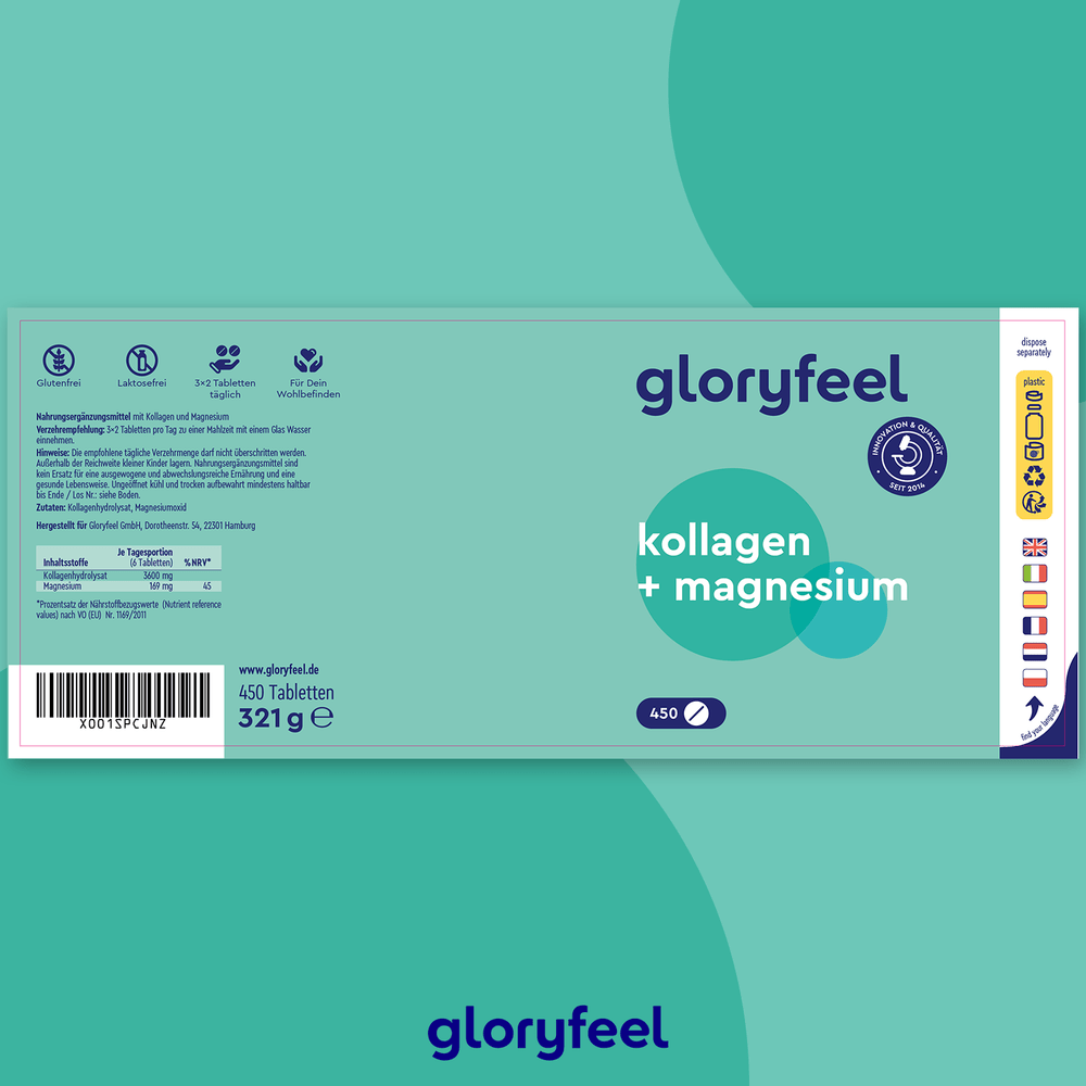 Die Verpackung der Kollagen + Magnesium Tabletten der Gloryfeel GmbH hat einen blaugrünen Hintergrund mit Text und Symbolen. Dieses Nahrungsergänzungsmittel enthält 450 Tabletten mit einem Nettogewicht von 321 g und bietet gesundheitserhaltende Eigenschaften. Hergestellt in Deutschland.