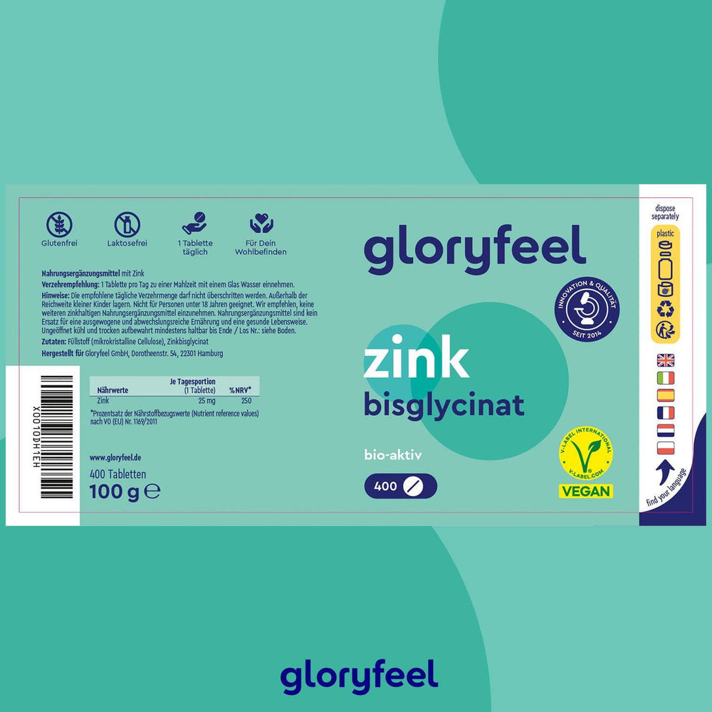 Etikett für die Zinkbisglycinat-Tabletten der gloryfeel GmbH: eine 100g-Nahrungsergänzungspackung mit 400 veganen, glutenfreien, laktosefreien Tabletten; inklusive deutscher Anleitung im grün-blauen Design.