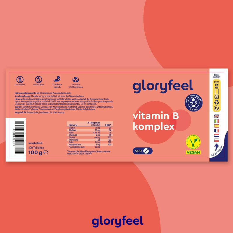 Der Vitamin B Komplex der gloryfeel GmbH ist mit einem orangefarbenen Etikett versehen und weist auf seine vegane und glutenfreie Wirkung hin. Er unterstützt Wohlbefinden und einen gesunden Stoffwechsel. 200 Kapseln sorgen für eine nachhaltige Wirkung.
