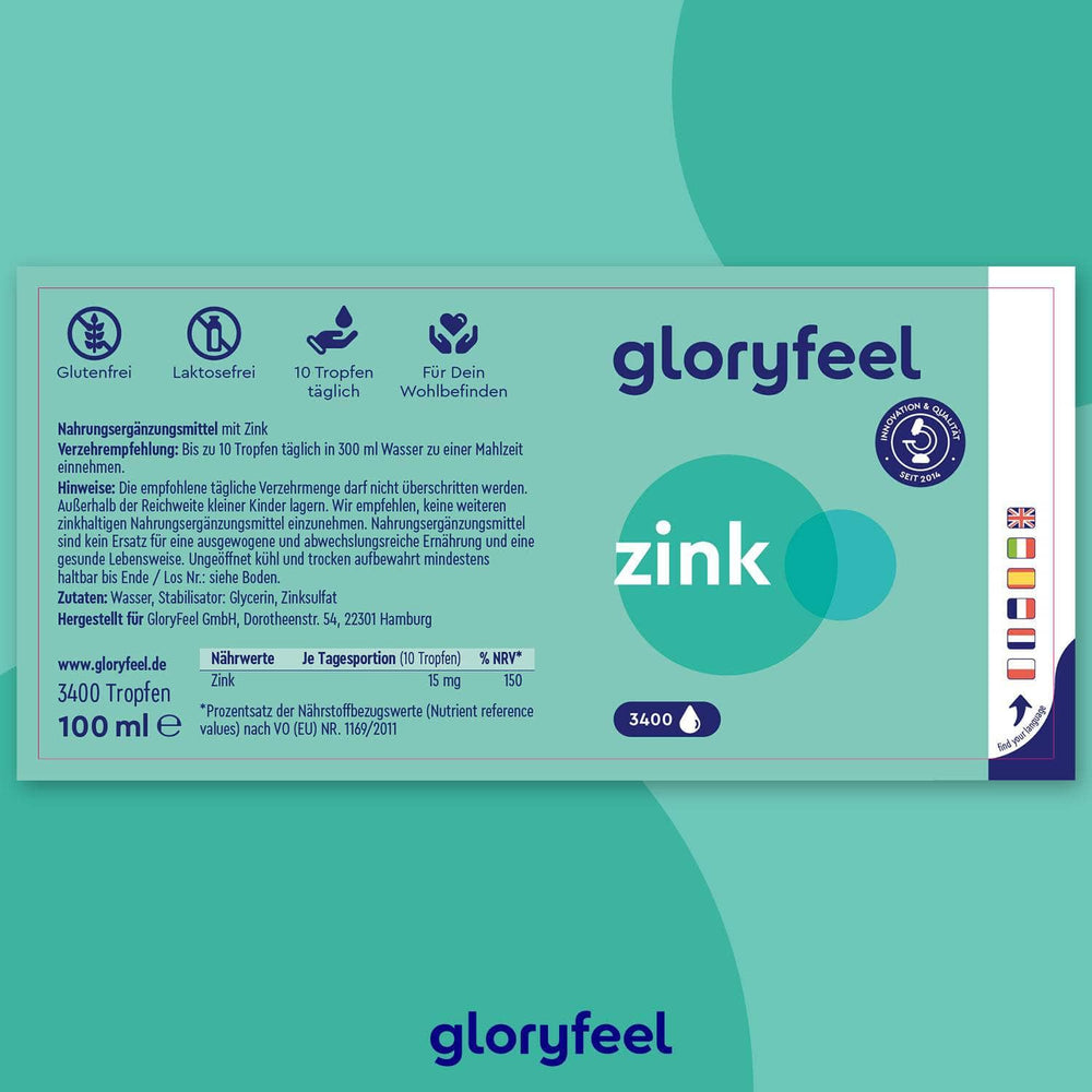 Das blau-grüne Etikett der „Zink Tropfen“ der gloryfeel GmbH zeigt deutlich sichtbar Gebrauchsanweisungen, Nährwertangaben und Zertifizierungen und betont so die hervorragende Bioverfügbarkeit von Zinksulfat.