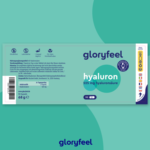 Auf der Verpackung der Hyaluron Kapseln Intensiv der gloryfeel GmbH sind Produktdetails und Nährwertangaben zu finden sowie ein Inhalt von 90 Kapseln angegeben.
