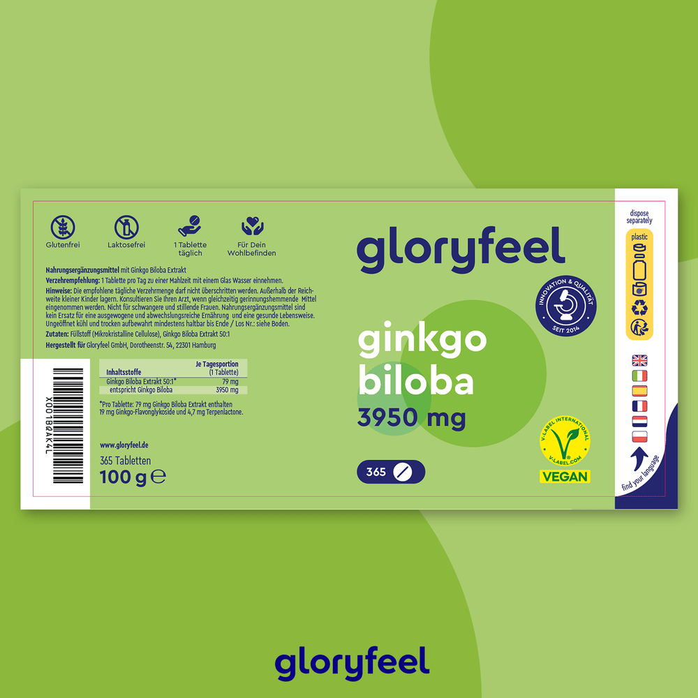 Die Ginkgo biloba Tabletten (3950 mg) der Gloryfeel GmbH werden in einer grün-blauen Verpackung mit 365 Tabletten geliefert. Sie sind mit Ginkgo-Extrakt und veganer Zertifizierung versehen und enthalten eine mehrsprachige Gebrauchsanweisung zur besseren Übersicht und Qualitätssicherung.