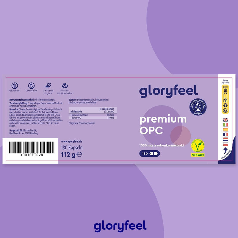 Die Premium OPC 180 Kapseln der Gloryfeel GmbH sind in einer violett-weißen Verpackung mit veganem Etikett erhältlich und bieten 180 Kapseln mit 1050 mg Traubenkernextrakt.