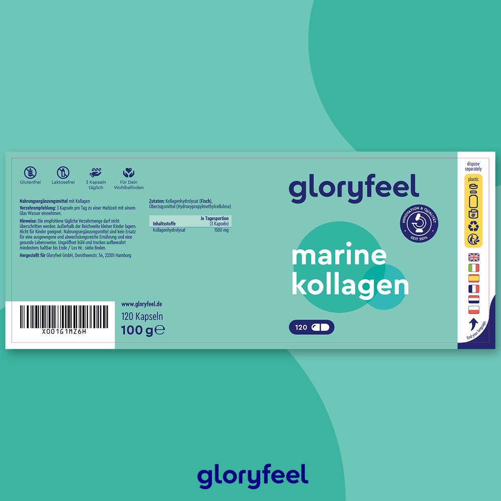 Die Marine Kollagen Kapseln der gloryfeel GmbH bestechen durch ihr hellblau-türkises Design, zeigen Nährwertangaben sowie Zertifizierungslogos und enthalten 120 Kapseln.