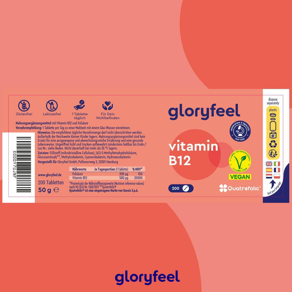 Etikett für Vitamin-B12-Tabletten der gloryfeel GmbH mit Produktinformationen, Nährwertangaben, Zertifizierungen und Symbolen für vegan, glutenfrei und laktosefrei in einem hauptsächlich orange- und rosafarbenen Design.