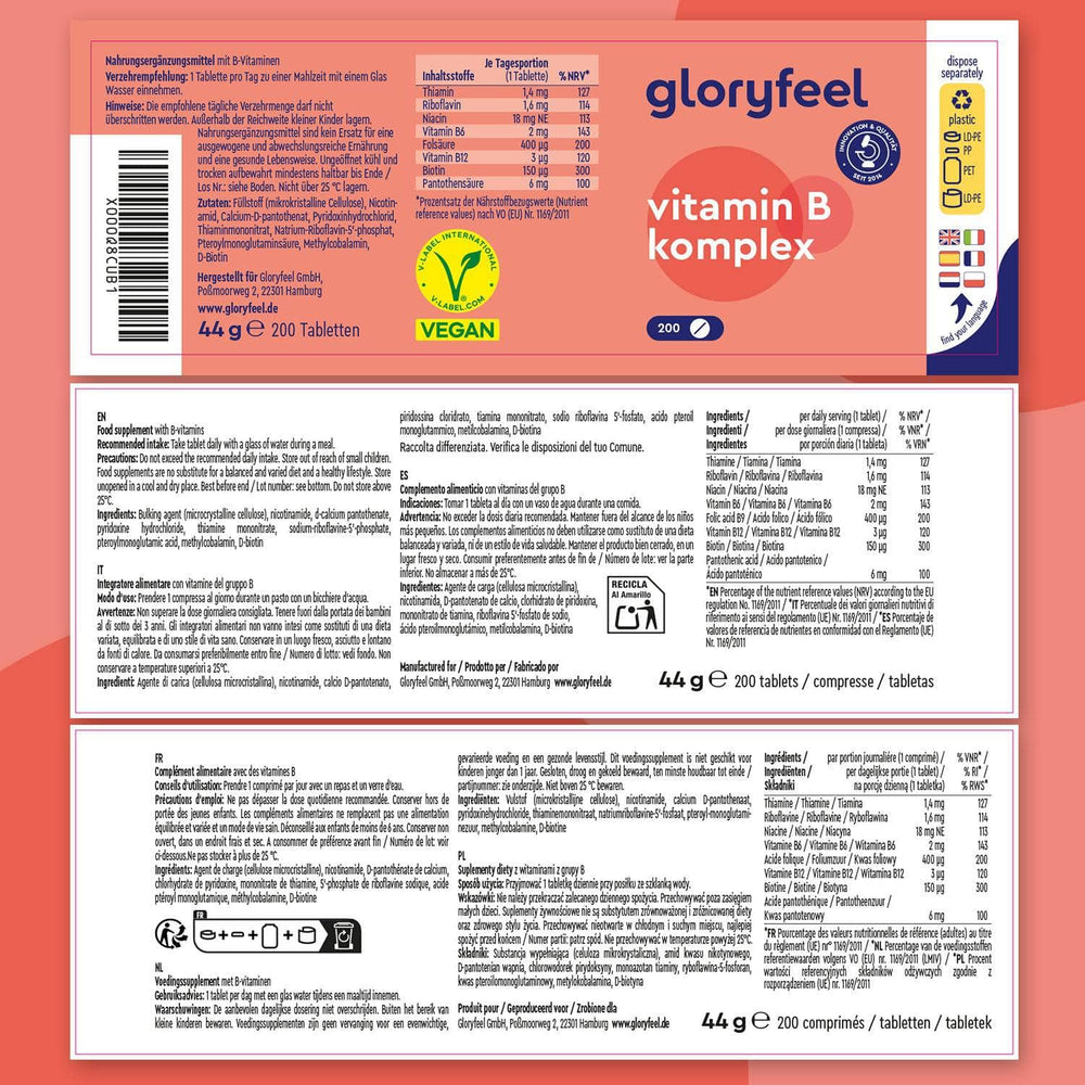 Die gloryfeel GmbH Vitamin B Komplex Verpackung enthält detaillierte Produktinformationen, Nährwerte, Inhaltsstoffe, Anwendungstipps und Zertifizierungen in mehreren Sprachen - perfekt, um den Stoffwechsel mit essentiellen B-Vitaminen zu unterstützen.