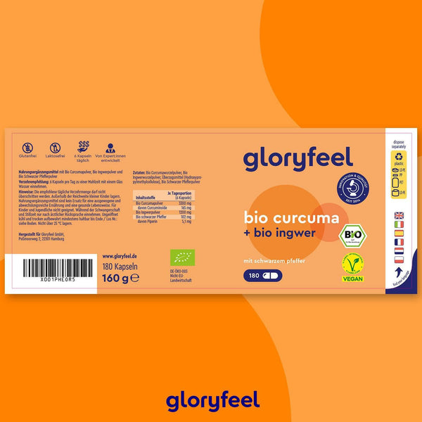 Orangefarbenes Etikett für "Bio Curcuma + Bio Ingwer Kapseln" der gloryfeel GmbH, mit Vegan- und Bio-Zertifizierung, Barcode und Dosierungsangaben.