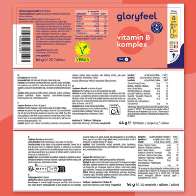 Die gloryfeel GmbH Vitamin B Komplex Verpackung enthält detaillierte Produktinformationen, Nährwerte, Inhaltsstoffe, Anwendungstipps und Zertifizierungen in mehreren Sprachen - perfekt, um den Stoffwechsel mit essentiellen B-Vitaminen zu unterstützen.