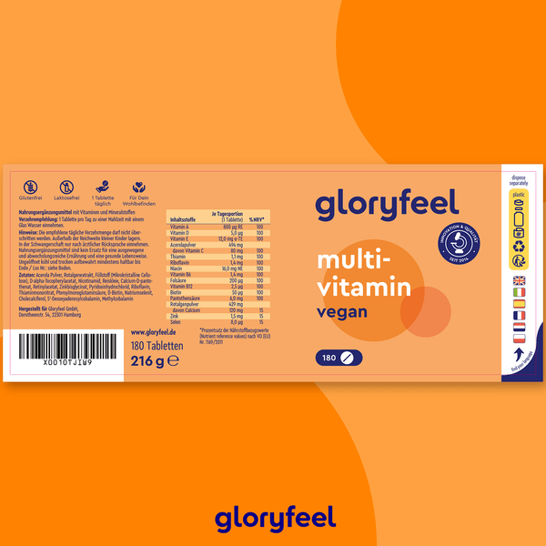 Die veganen Multivitamintabletten der Gloryfeel GmbH sind in einer orangefarbenen Verpackung erhältlich und enthalten 180 Tabletten mit einem Gewicht von 216 g, Nährwertangaben und ein Vegan-Zertifikat. Ideal für eine vegane Ernährung.