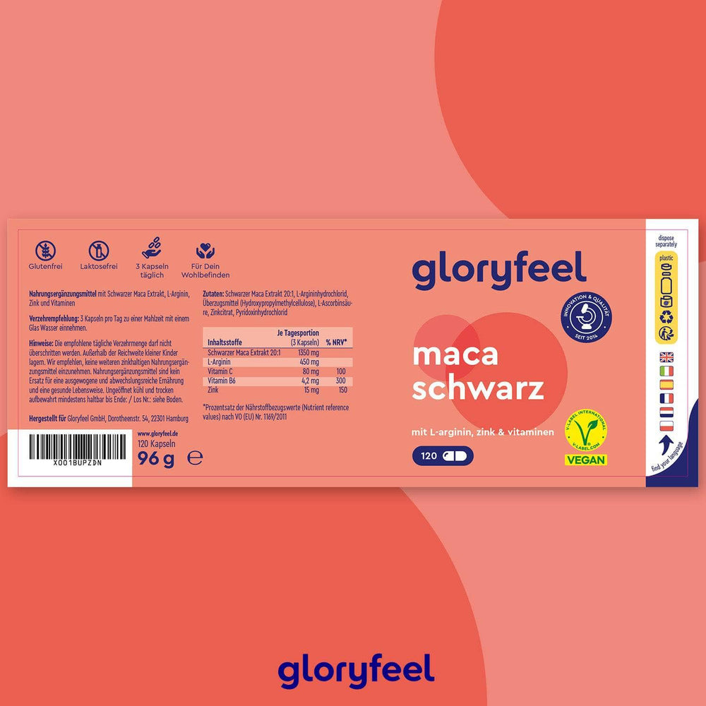 Das Produktetikett für Schwarze Maca Kapseln der gloryfeel GmbH umfasst 120 Kapseln, angereichert mit schwarzer Maca und Vitamin B6. Es zeigt Nährwertangaben, ein Vegan-Symbol und einen auffälligen Markenauftritt vor einem leuchtend rot-orangefarbenen Hintergrund.