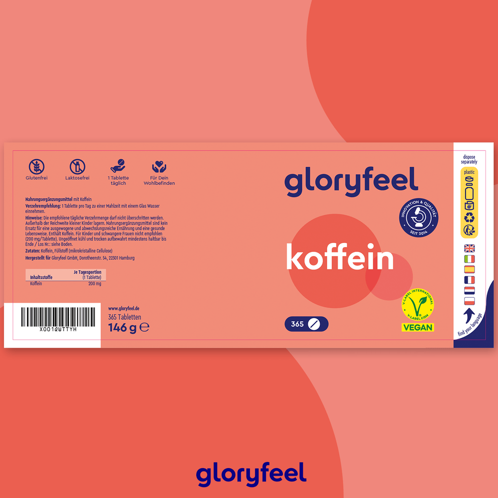Die Koffeintabletten der Gloryfeel GmbH sind in einer veganen Verpackung mit der Aufschrift „glutenfrei und laktosefrei“ erhältlich und enthalten 365 Tabletten (146 g) mit Barcode und Markenangaben.