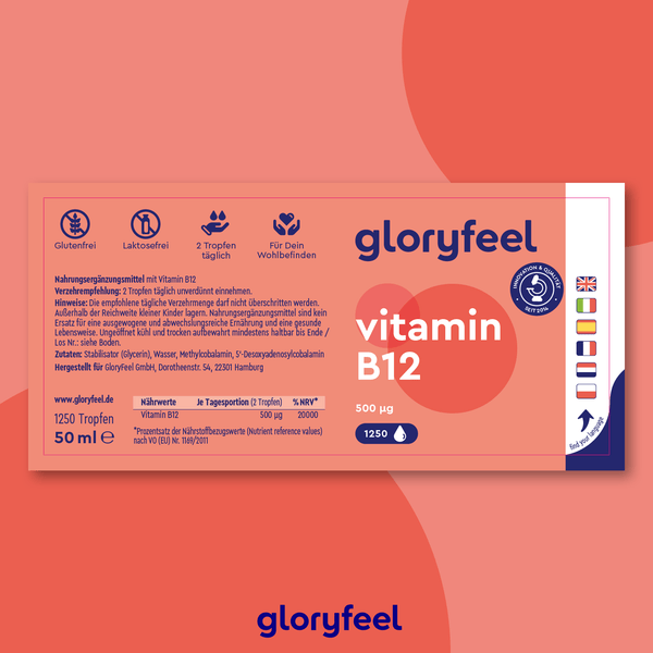 Etikett einer Vitamin-B12-Tropfenflasche der Gloryfeel GmbH, das die Premium-Qualität als gluten- und laktosefreies Nahrungsergänzungsmittel hervorhebt. Enthält 1250 Tropfen in 50 ml Methylcobalamin. Enthält Gebrauchsanweisungen und internationale Flaggen.