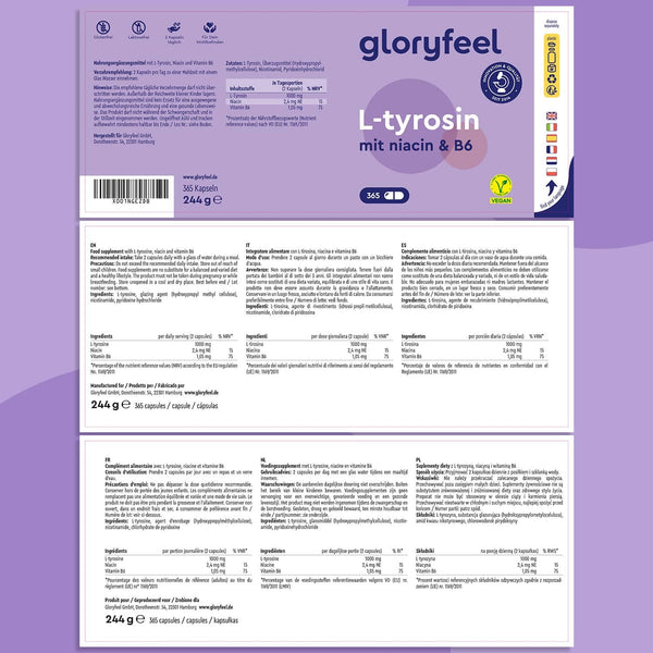 Verpackung für gloryfeel GmbH L-Tyrosin Kapseln mit Produktdetails, Nährwertangaben, Inhaltsstoffen, Anwendungshinweisen und Zertifizierungen in deutscher Sprache.