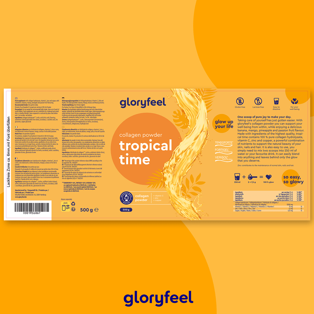 Das Verpackungsdesign für das Kollagen Pulver Tropical Time der gloryfeel GmbH besticht durch ein orangefarbenes Motiv mit Produktdetails, Nährwertangaben und einem Wellenelement, angereichert mit Kollagen und Coenzym Q10 für eine spürbare gesundheitliche Wirkung.