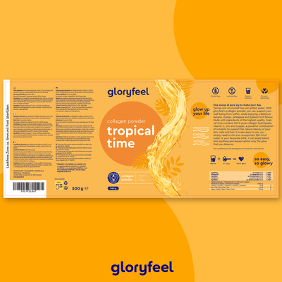 Das Verpackungsdesign für das Kollagen Pulver Tropical Time der gloryfeel GmbH besticht durch ein orangefarbenes Motiv mit Produktdetails, Nährwertangaben und einem Wellenelement, angereichert mit Kollagen und Coenzym Q10 für eine spürbare gesundheitliche Wirkung.
