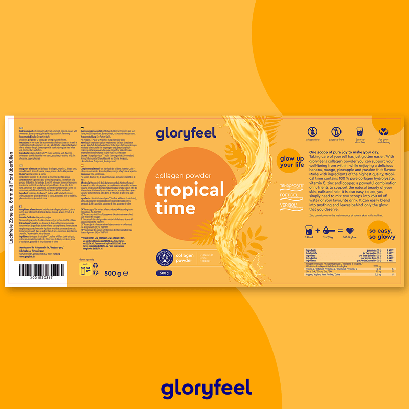 Das Verpackungsdesign für das Kollagen Pulver Tropical Time der gloryfeel GmbH besticht durch ein orangefarbenes Motiv mit Produktdetails, Nährwertangaben und einem Wellenelement, angereichert mit Kollagen und Coenzym Q10 für eine spürbare gesundheitliche Wirkung.