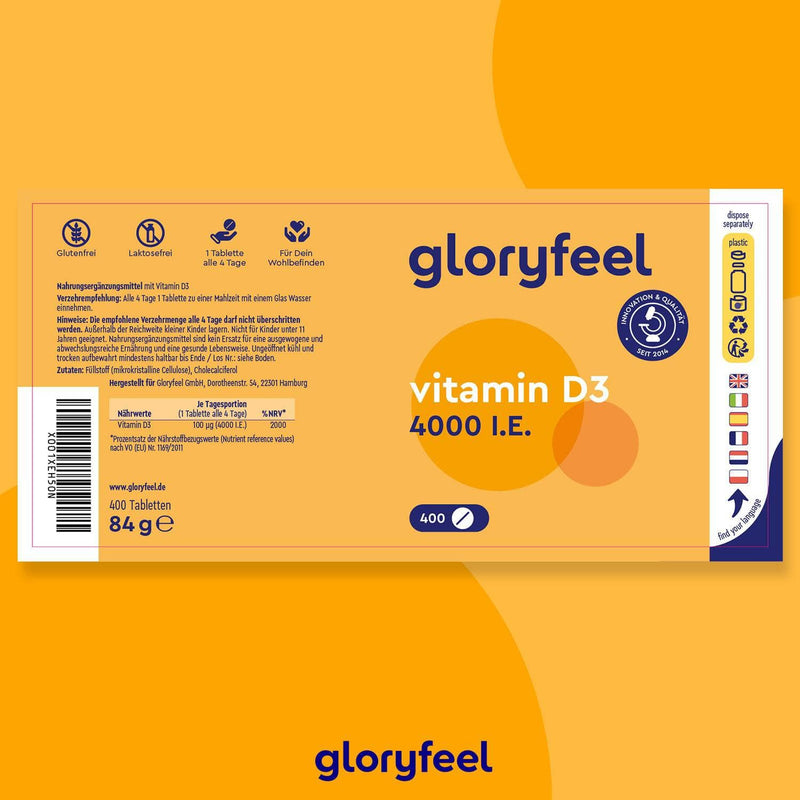 Verpackung der Vitamin D3 Tabletten 4000 I.E. der gloryfeel GmbH, 400 Tabletten. Die orangefarbene Schachtel weist mit Text und Symbolen auf die Gluten- und Laktosefreiheit hin.