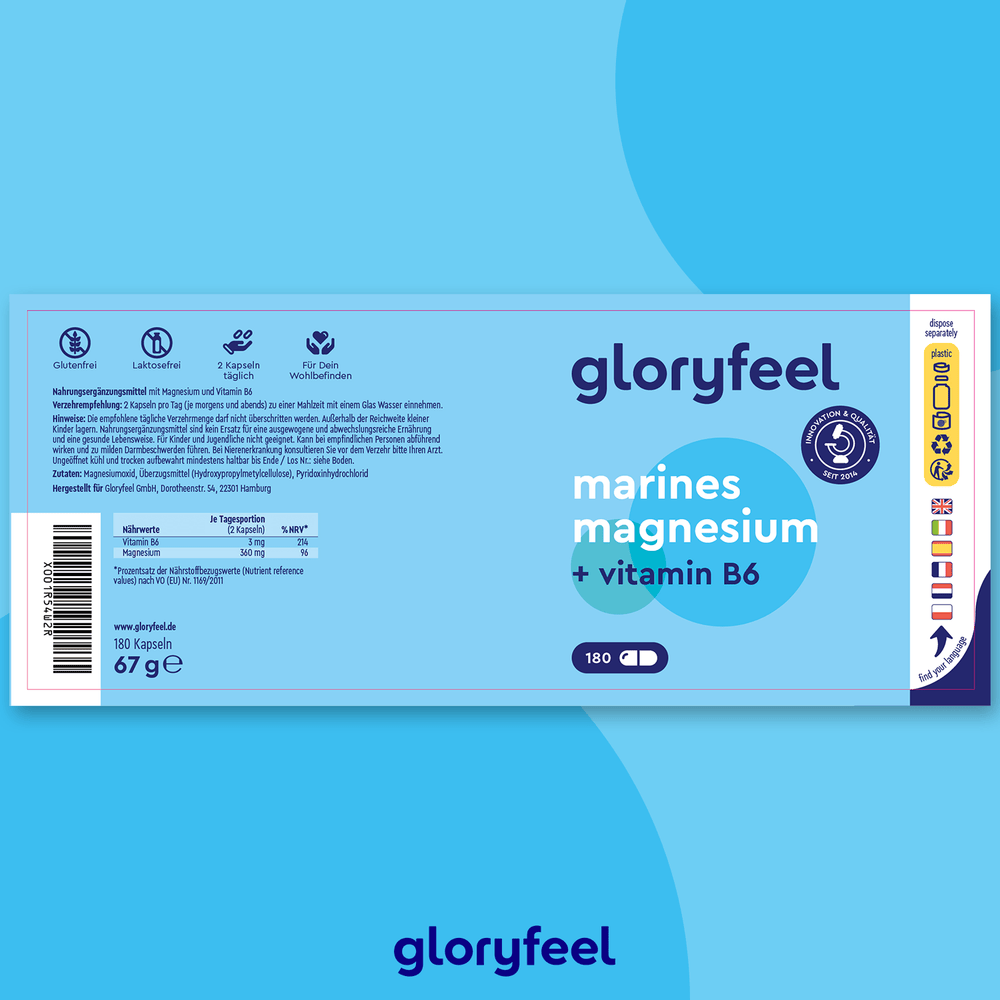 Auf dem blauen Etikett der Flasche „Marines Magnesium Kapseln“ der gloryfeel GmbH steht „Marines Magnesium + Vitamin B6“, was seine Rolle für die Muskelfunktion betont, mit einem Nettogewicht von 67 g für 180 Kapseln, neben Anweisungen und Symbolen.