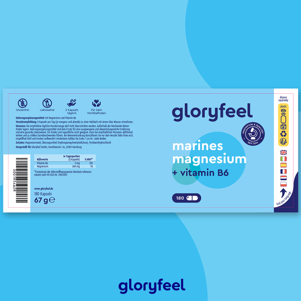 Auf dem blauen Etikett der Flasche „Marines Magnesium Kapseln“ der gloryfeel GmbH steht „Marines Magnesium + Vitamin B6“, was seine Rolle für die Muskelfunktion betont, mit einem Nettogewicht von 67 g für 180 Kapseln, neben Anweisungen und Symbolen.