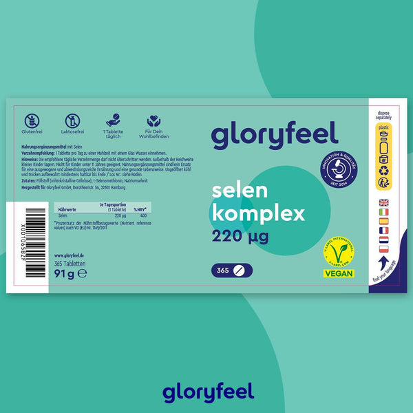 Abbildung einer „Selen Tabletten“-Verpackung der gloryfeel GmbH mit Kennzeichnungen für vegan, glutenfrei und laktosefrei. Die Packung enthält 365 Tabletten und wiegt 91,9 g.