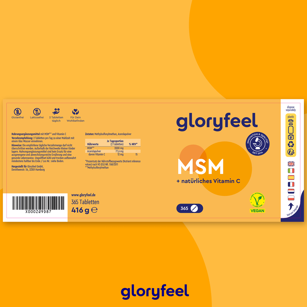 Etikett für MSM + Vitamin C Tabletten der gloryfeel GmbH: Natürliche Quelle für Vitamin C und Methylsulfonylmethan, 365 Tabletten, 416 g. Vegan, glutenfrei, laktosefrei, hergestellt in Deutschland. Orange-gelbes Design mit Icons.
