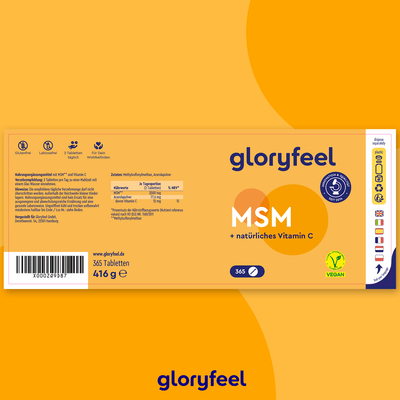 Etikett für MSM + Vitamin C Tabletten der gloryfeel GmbH: Natürliche Quelle für Vitamin C und Methylsulfonylmethan, 365 Tabletten, 416 g. Vegan, glutenfrei, laktosefrei, hergestellt in Deutschland. Orange-gelbes Design mit Icons.