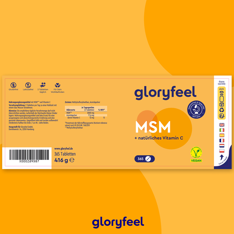 Etikett für MSM + Vitamin C Tabletten der gloryfeel GmbH: Natürliche Quelle für Vitamin C und Methylsulfonylmethan, 365 Tabletten, 416 g. Vegan, glutenfrei, laktosefrei, hergestellt in Deutschland. Orange-gelbes Design mit Icons.