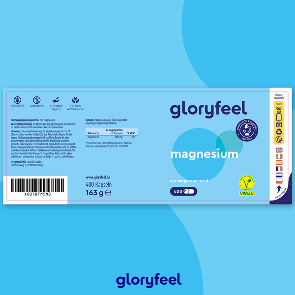 Bei den Magnesiumoxid Kapseln der Gloryfeel GmbH handelt es sich um 400 vegane Kapseln in blau-weißer Verpackung mit Zertifizierungen und Nährwertangaben in deutscher Sprache.