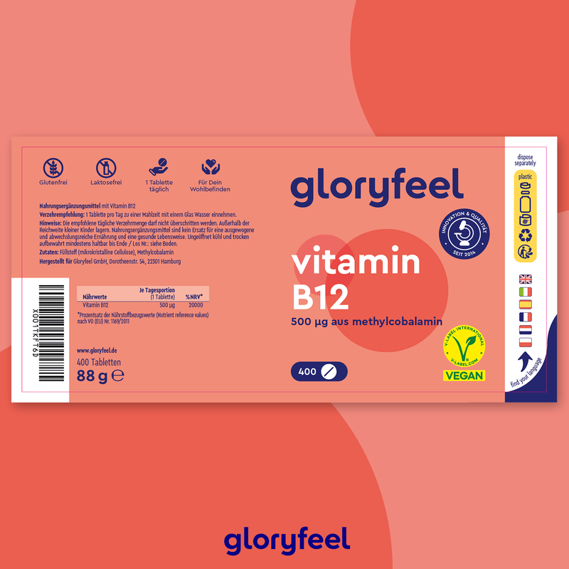 Etikett der Vitamin B12 Methylcobalamin Tabletten von Gloryfeel GmbH, 500 µg. Vegane Nahrungsergänzungsmittel in Premium-Qualität, laktosefrei, glutenfrei. Enthält Dosierungsinformationen und Zertifizierungslogos zu den Einzelheiten zu den Inhaltsstoffen. Enthält 400 Tabletten.